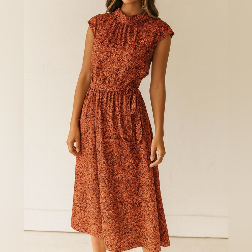 Maggy London Womens Satin Red Floral Collared ALine Midi Dress sz 12 Euro-Summer